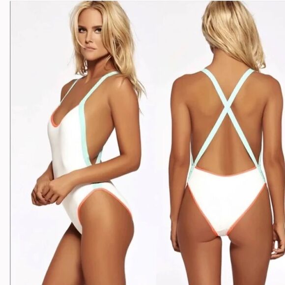 L *Space Maniac Retro White One Piece Swimsuit Sz- - Picture 1 of 11